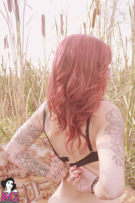 Татуированная бестия с рыжими волосами показала стриптиз посреди поля 37 фотография